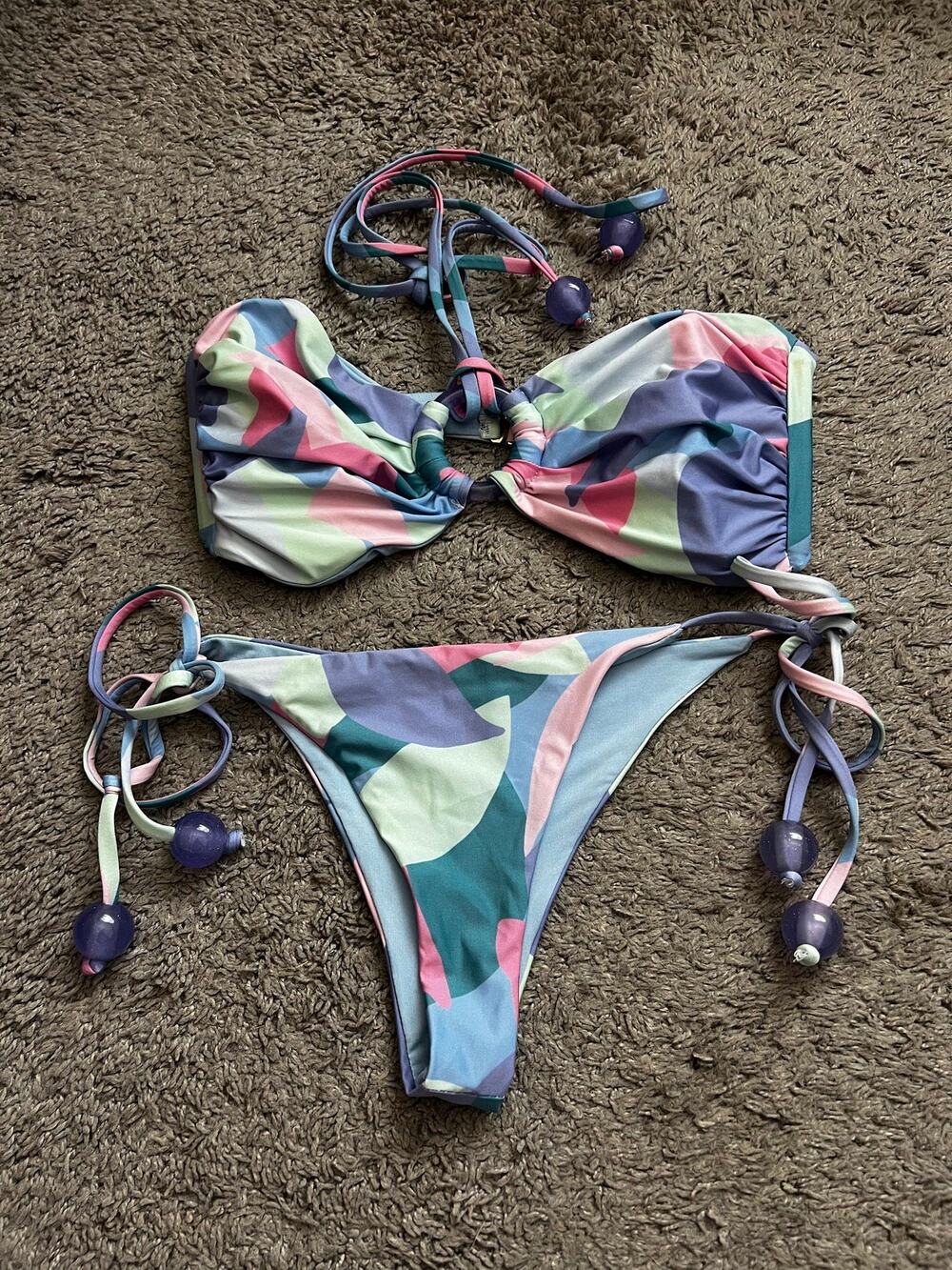Beach Riot Mosaic Bikini Set Ring Bandeau Top Tie-Side Bottom Pastel